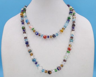 48" Millefiori Art Glass and Swarovski Aurora Borealis Crystal Bead Necklace