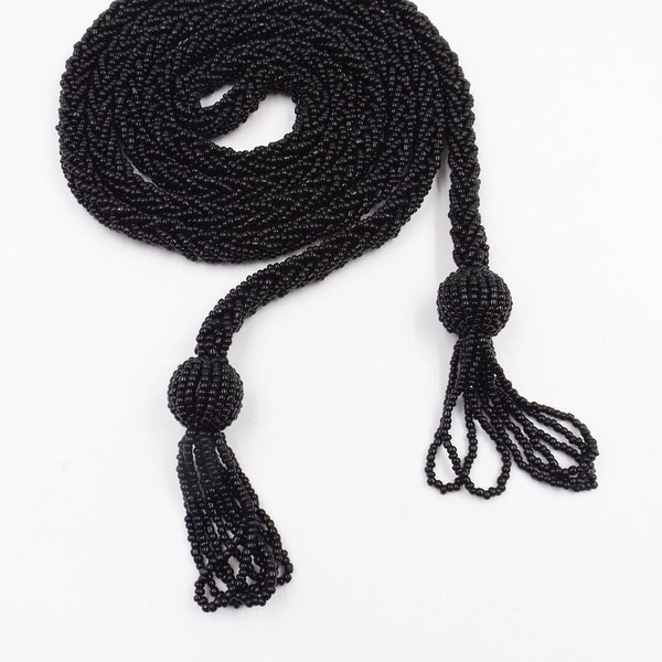 Black Glass Bead Woven Sash Belt with Tassels 53"