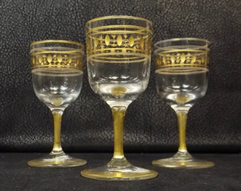 ca. 1945-55 GORHAM CRYSTAL Gold Encrusted Cut Etched Cordials Set of Three (3)