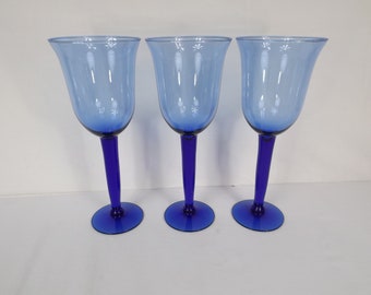 9" Hand Blown Cobalt Blue Wine or Water Goblets Set of 3