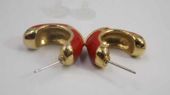 Red Enamel on Gold Tone Half Hoop Post Earrings - image 6