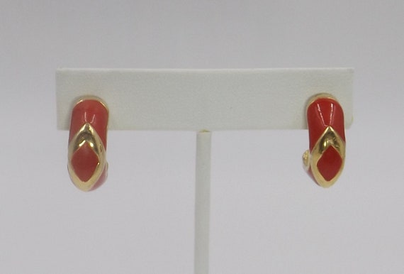 Red Enamel on Gold Tone Half Hoop Post Earrings - image 1