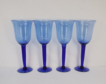 9" Hand Blown Cobalt Blue Wine or Water Goblets Set of 4