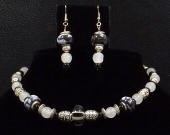 Repurposed Black and White Glass Necklace Earring Set