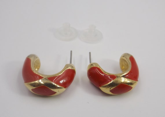 Red Enamel on Gold Tone Half Hoop Post Earrings - image 5