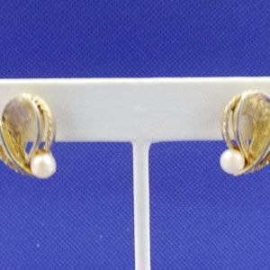 Gold Tone and White Faux Pearl Clip On Earrings