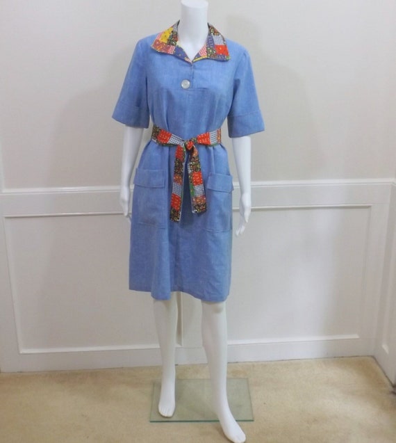 Blue Cotton Chambray Shirt Dress Large 14 16 - image 1