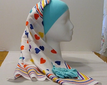 Heart Print Head Scarf Headband with Turquoise Scrunchie