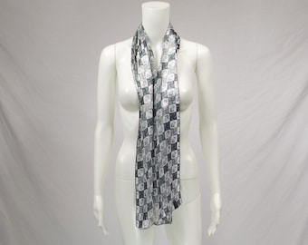 Gray Silver Checkerboard Sheer Chiffon Satin Stripes Long Scarf