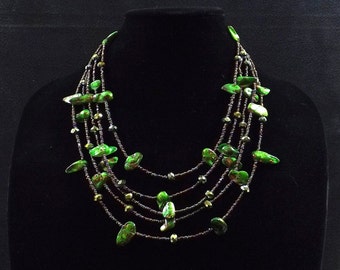 Multi Strand Iridescent Green Art Glass Necklace