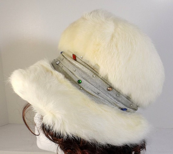 CHRISTINE ORIGINAL Jeweled White Rabbit Fur Hat - image 4