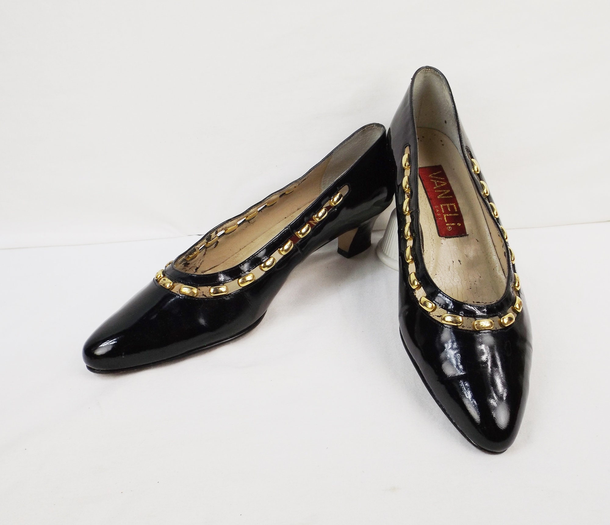 VAN ELI Black Patent Pumps W Gold Trim US Size 8 N Narrow Etsy UK