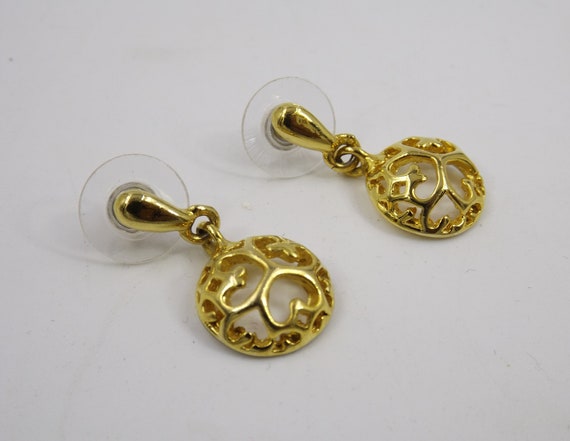 Gold Tone Openwork Dangle Earrings - image 3