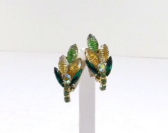 GreenYellow Rhinestone Clip On Earrings with Aurora Borealis