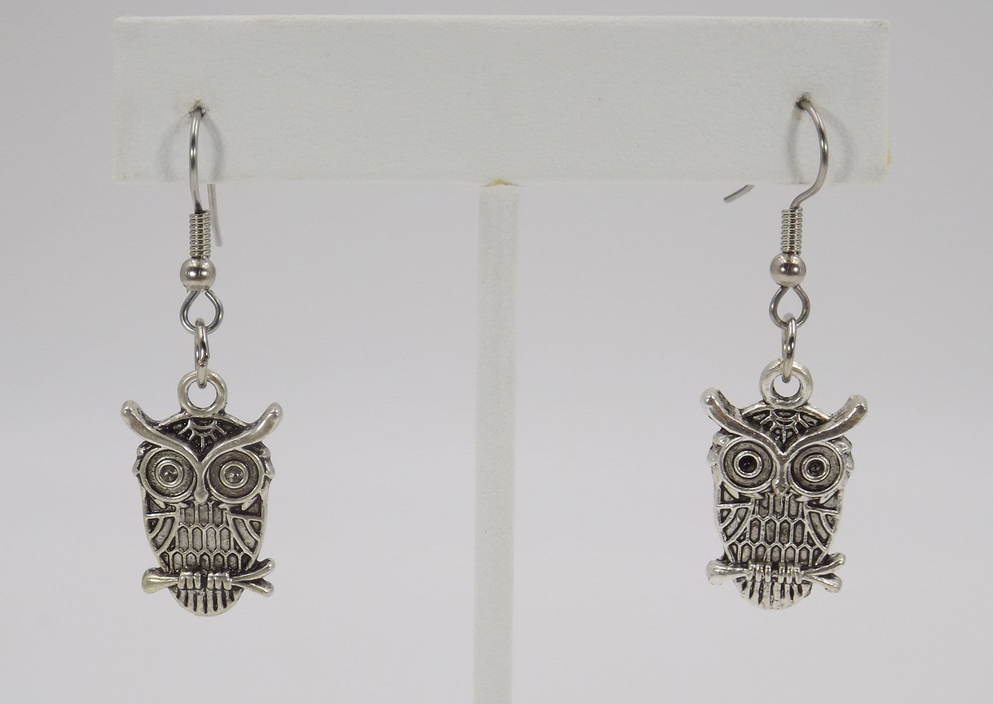 Antique Silver Tone Owl Dangle Earrings