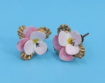 ENGLAND Hand Painted Porcelain Pansy Flower Screwback Earrings