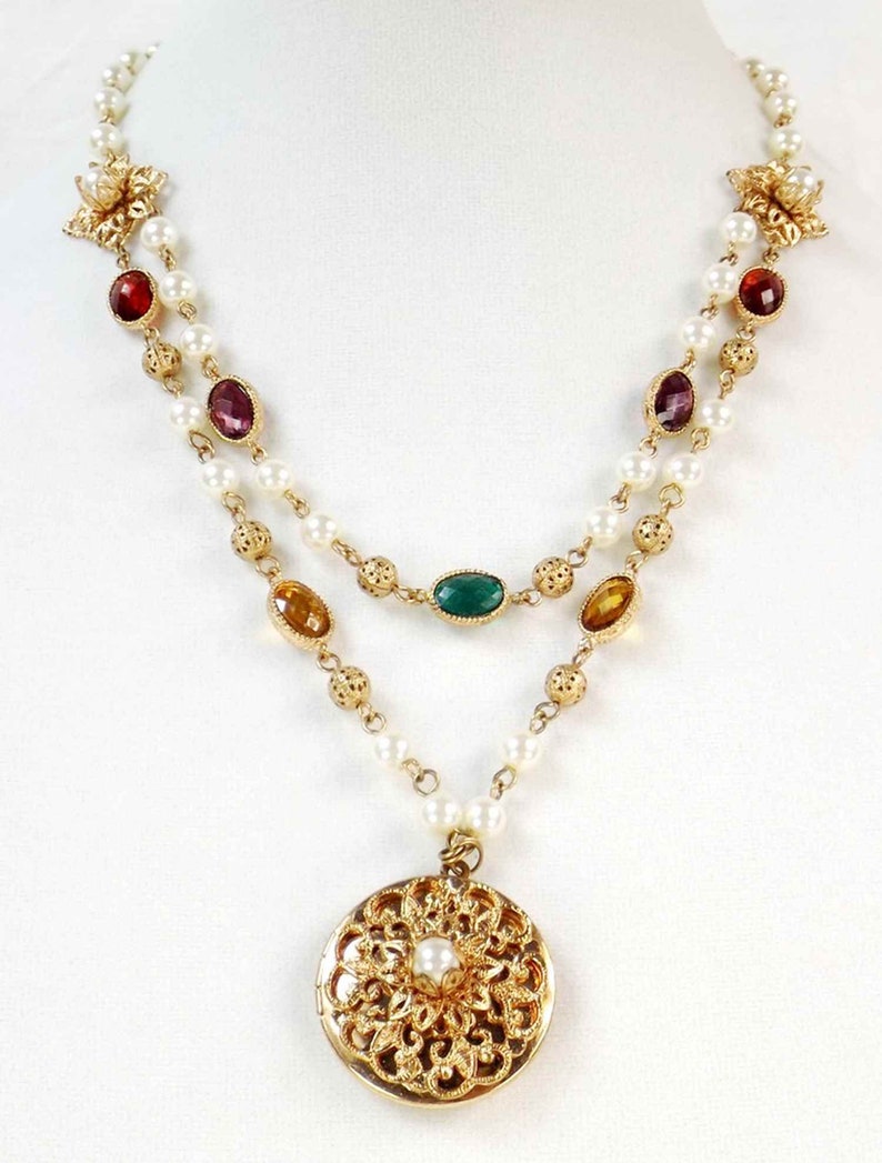 Antique Reproduction Two 2 Strand Necklace with Locket