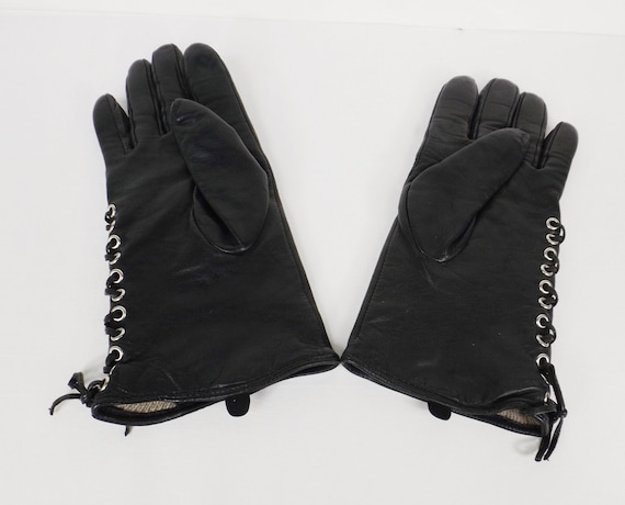 Black Leather Lace Up Gloves Cashmere Lining Size Medium M