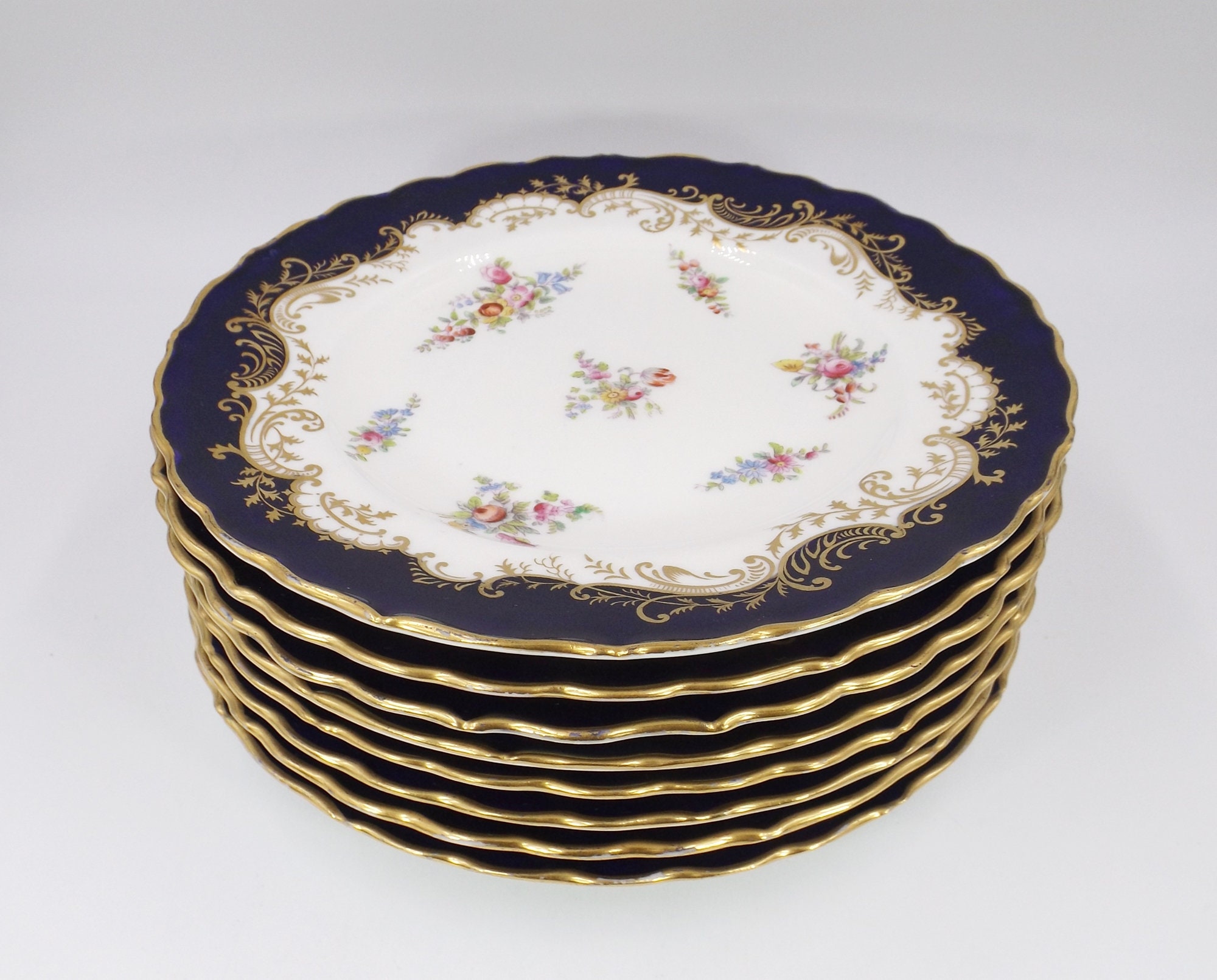 ca. 1891 COALPORT Antique Cobalt Gilt Dinner Plates Set of 8