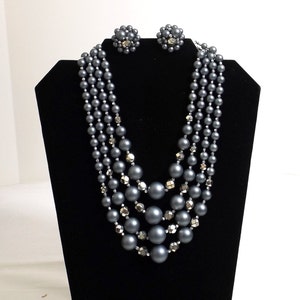 Four Strand Gray Pearl and Silver Bead Necklace and Earring Set