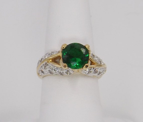Simulated Emerald Solitaire Engagement Ring w CZ'… - image 1