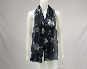 Gray Flowers Over Blue Black Stripes Long Scarf