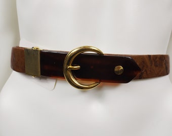 Vintage Brown Wide Leather Belt With Large Hammered Gold  display picture 1