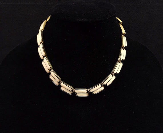 Ivory Enamel and Gold Tone Link Necklace - image 1