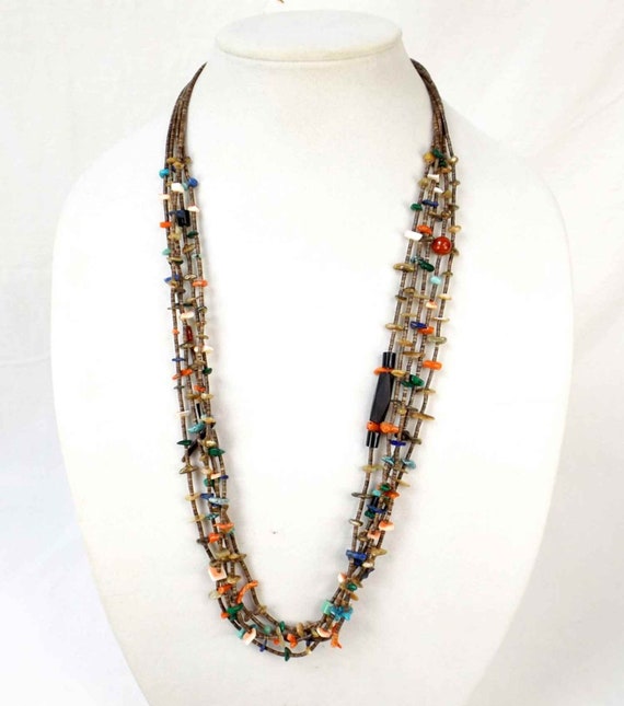Five 5 Strand Heishi Bead Necklace with Coral Turquoise Malachite Lapis