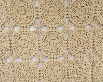Antique Hand Crocheted Beige Cotton Bedspread or Coverlet 74" x 90"