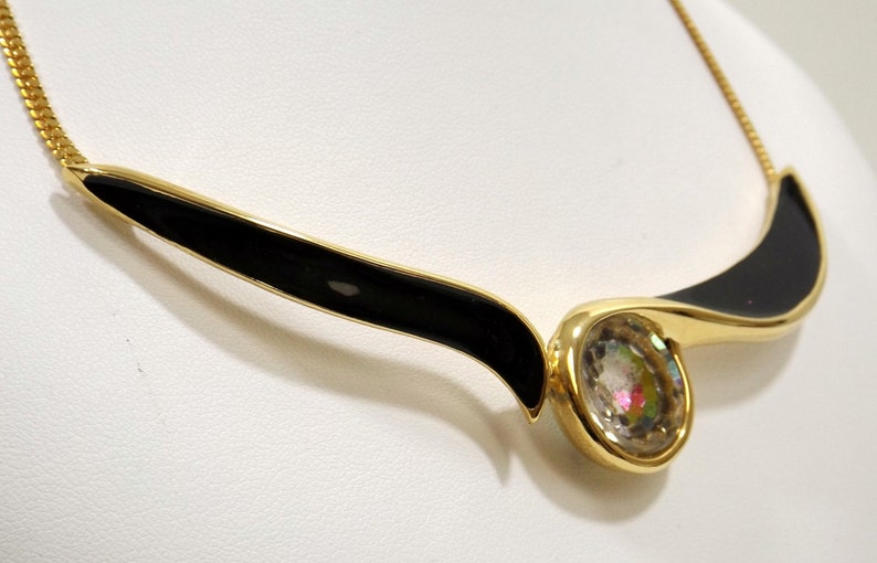 Black Enamel and Iridescent Crystal Bib Necklace
