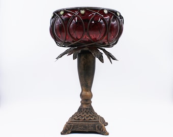ca. 1900 Barock Revival Rubinrot Mundgeblasenes Glaskompott: Käfigmetall-Mittelstück