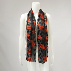 Red Flowers Over Black Gray Stripes Long Scarf
