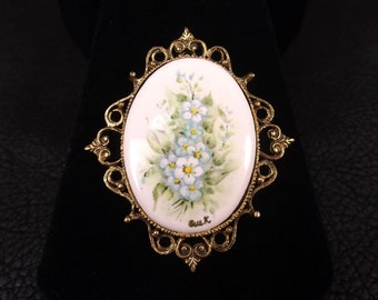 Hand Painted Porcelain Brooch Signed by Artist