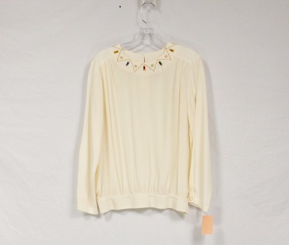 LINDSEY BLAKE Off White Chiffon Blouse Fancy Bead… - image 1