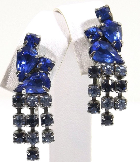 Blue Rhinestone Dangle Screw Back Earrings - image 3