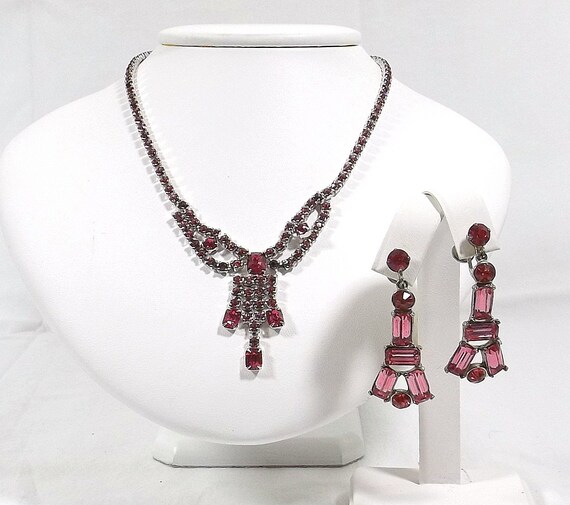 Art Deco Raspberry Pink Rhinestone Choker Necklace