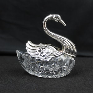Cut Glass Swan Salt Cellar with Silver Plated Wings and Head
