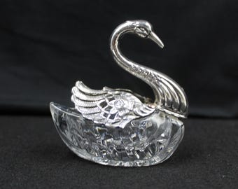 Cut Glass Swan Salt Cellar with Silver Plated Wings and Head