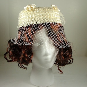Ivory Cellophane Straw Pillbox with Demi Veil