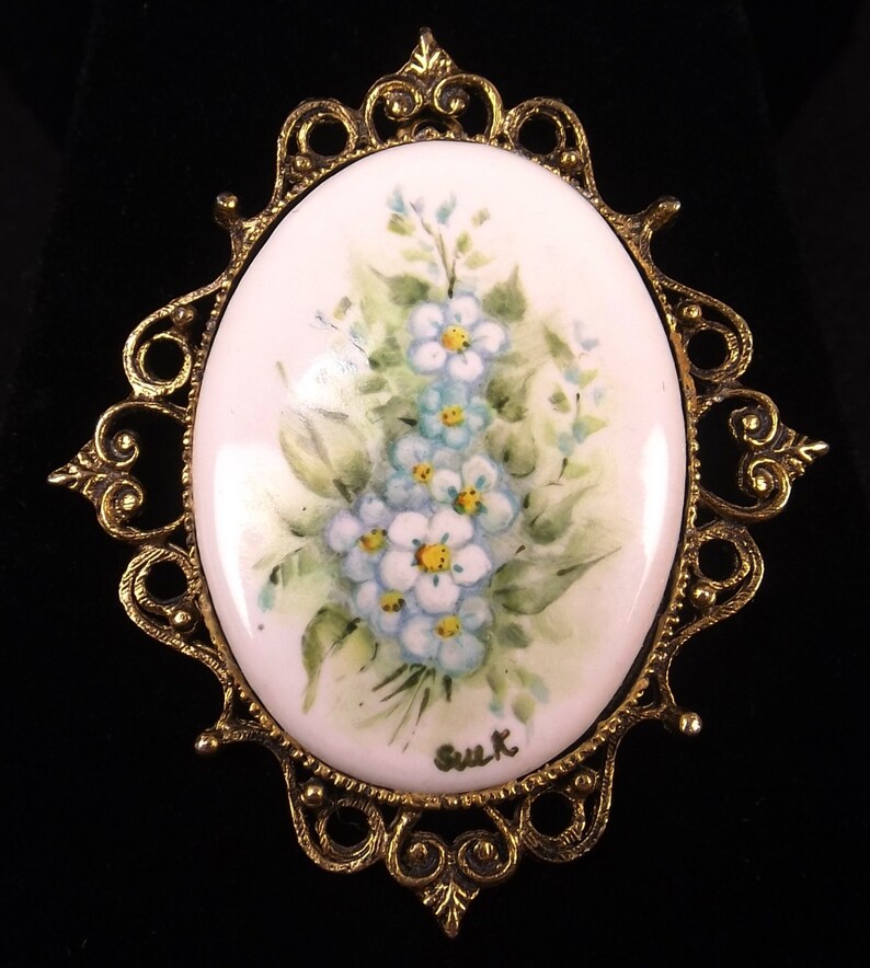 Hand Painted Porcelain Brooch Signed by Artist Etsy