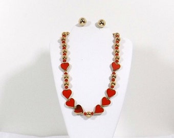 1950's Red Art Glass Hearts Necklace and Earring Set