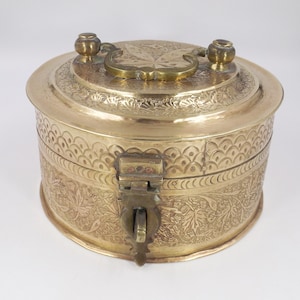 8.25&quot; Hand Forged Engraved Solid Brass Box with Handle & Clasp