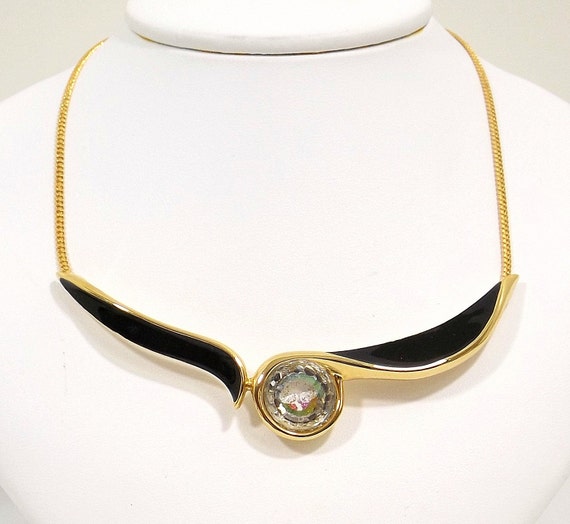 Black Enamel and Iridescent Crystal Bib Necklace - image 2