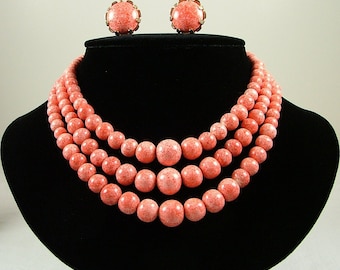 NETTIE ROSENSTEIN Necklace and Earrings Set Speckled Faux Coral