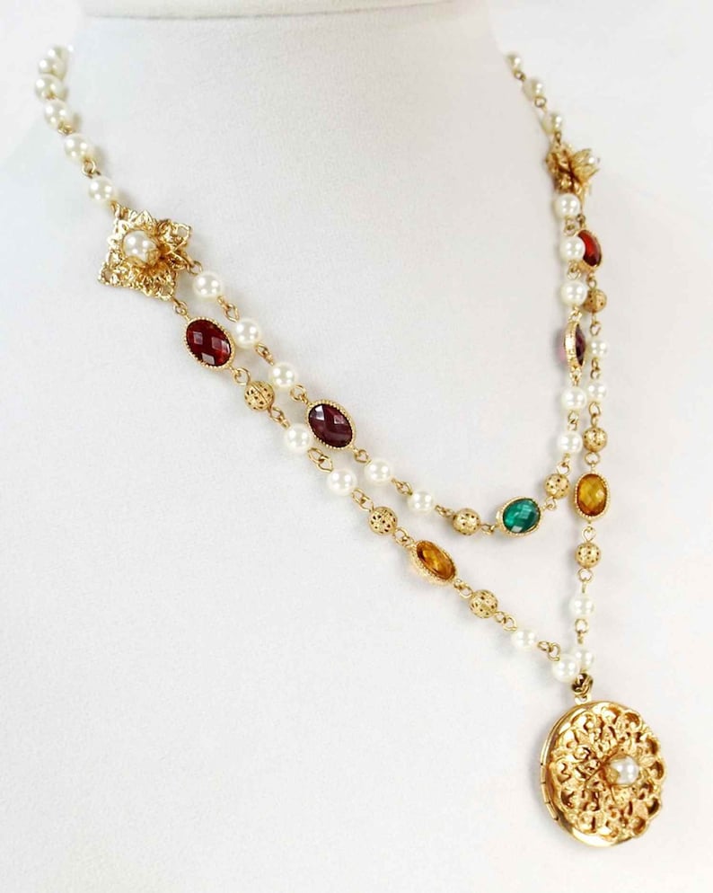 Antique Reproduction Two 2 Strand Necklace with Locket