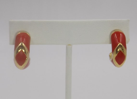 Red Enamel on Gold Tone Half Hoop Post Earrings - image 2