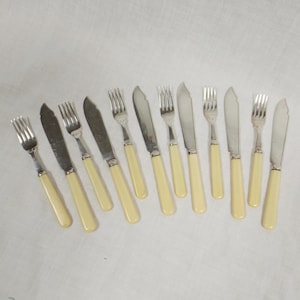 Puede incluir: Un juego de doce cuchillos de mantequilla plateados con mangos de color marfil.