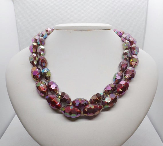 Double Strand Raspberry Aurora Borealis Bead Neckl