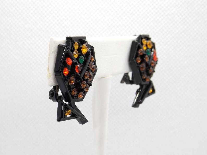 Japanned Rhinestone Flower Clip On Earrings